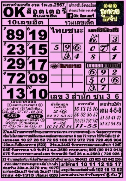 หวย ok ล็อตเตอรี่ 1/11/67