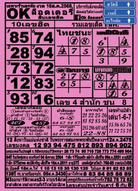 หวย ok ล็อตเตอรี่ 16/8/68